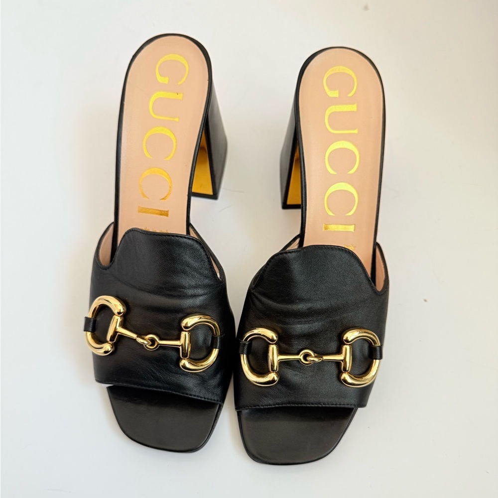Gucci Black leather Baby Horsebit block heel 70mm open toe mules EU 40 - Picture 2 of 12